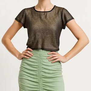 NWT Laola Black & Gold Sheer Cropped Crew-Neck Short-Sleeve Top